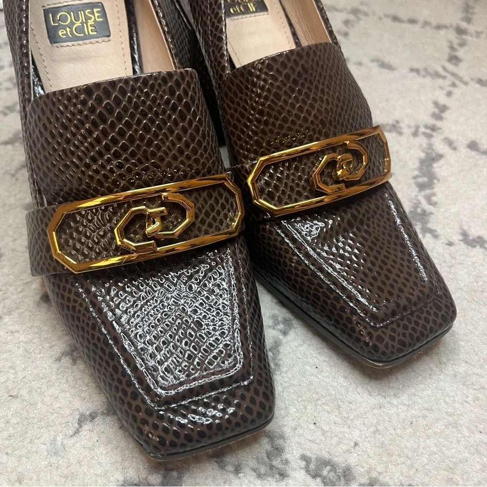 Louise et Cie Brown Textured Block Heel Loafers with Gold Accent  size 6M/6.5 - Picture 3 of 10